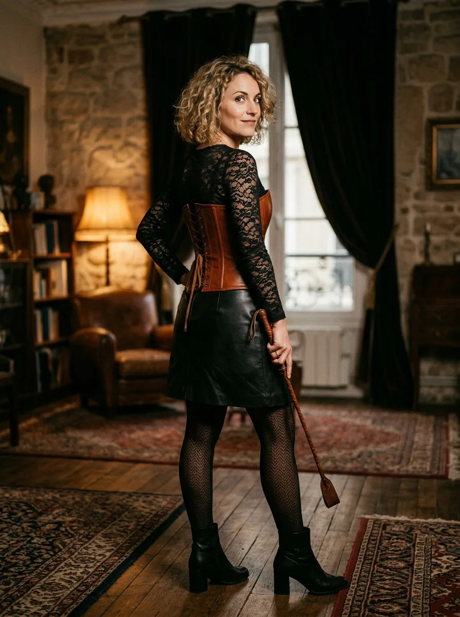 Aline, blonde bouclée mi-longue tel rose SM dominatrice de Tours — visage d'ange, 85D, cuir cognac